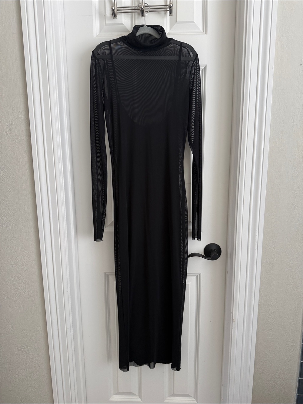 Black Sheer Mesh Long-Sleeve Turtleneck Maxi Dress